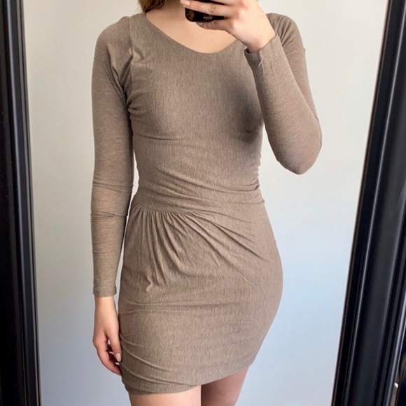 Rebecca Taylor Taupe Bodycon Ruched Long Sleeve Mini Dress Size Extra Small - Picture 2 of 12